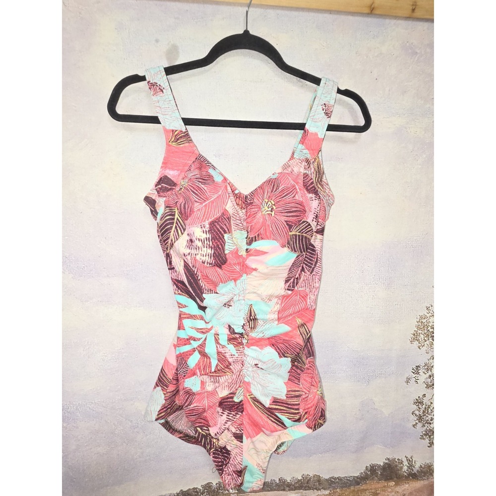 Vintage Le Cove JCPenney Tropical Floral Ruched One-Piece Swimsuit Size 14